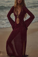 Rebadress V Neck Side Slit Crochet Beach Cover Up Maxi Dress