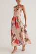 V Neck Halter Back Lace-up Floral Print Maxi Dress