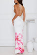 Rebadress Halter V Neck Backless Ruched Flower Print Maxi Dress