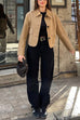 Rebadress Lapel Button Up Pocketed Faux Suede Crop Jacket