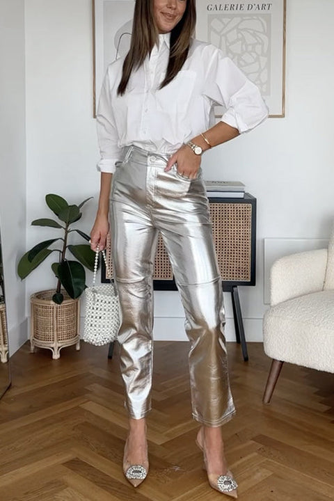 Rebedress High Rise Metallic Faux Leather Cropped Pants