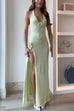 Rebadress Halter V Neck Backless Slit Rose Applique Knit Maxi Dress