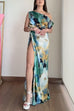 Asymmetric Shoulder Twist High Slit Printed Maxi Dress