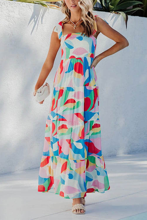 Rebadress Bow Shoulder Ruffle Tiered Printed Flowy Maxi Cami Dress