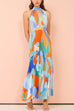 Deep V Neck Halter Backless Printed Maxi Pleated Dress