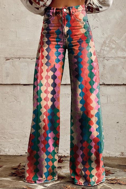 Rebadress High Rise Color Block Printed Wide Leg Pants