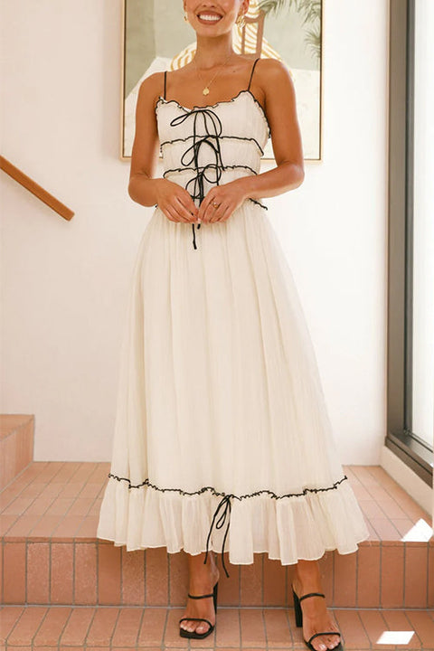 Rebadress Spaghetti Strap Frill Trim Tie Bow Maxi Dress