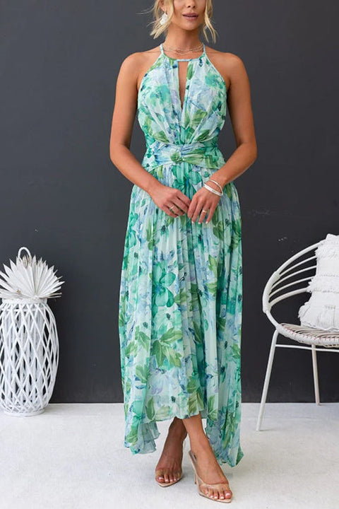 Rebadress V Neck Waisted Cut Out Floral Pleated Maxi Dress