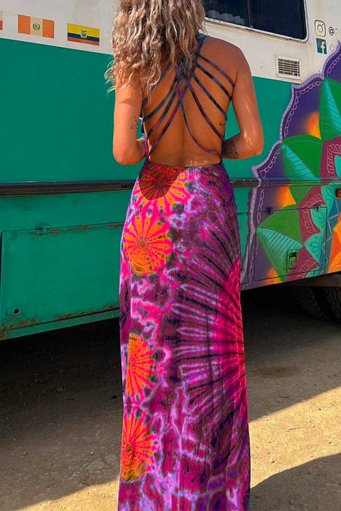 Rebadress Criss Cross Backless Tie Dye Maxi Cami Dress