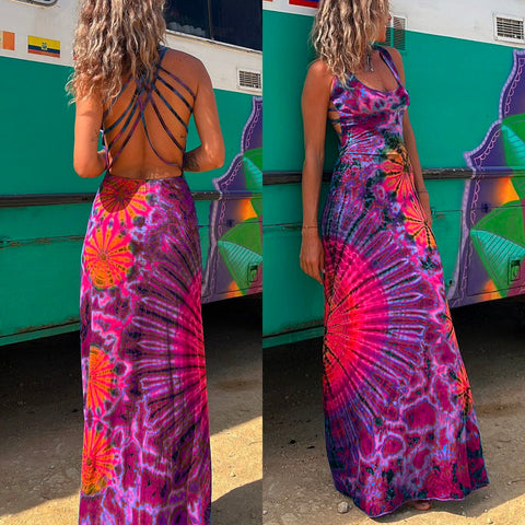 Rebadress Criss Cross Backless Tie Dye Maxi Cami Dress