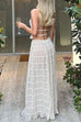 Rebadress Ruffle Trim Halter Backless Crop Top Drawstring Waist Pleated Maxi Skirt Set