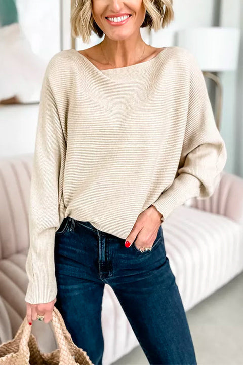 Rebadress Boat Neck Batwing Sleeves Ribbed Knit Sweater