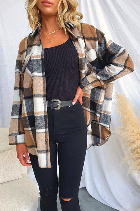 Rebadress Lapel Button Down Pockets Plaid Shacket Coat