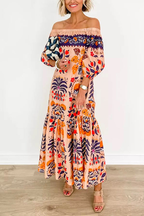 Rebadress Off Shoulder Lantern Sleeves Printed Ruffle Maxi Dress