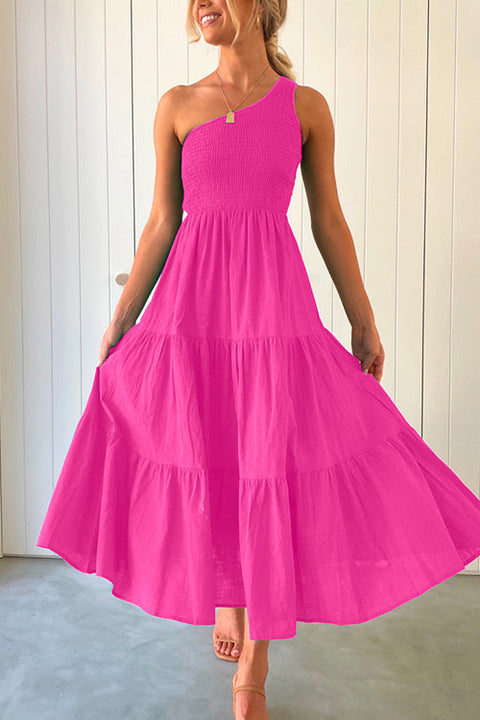 Rebadress One Shoulder Sleeveless Smocked Ruffle Tiered Maxi Dress