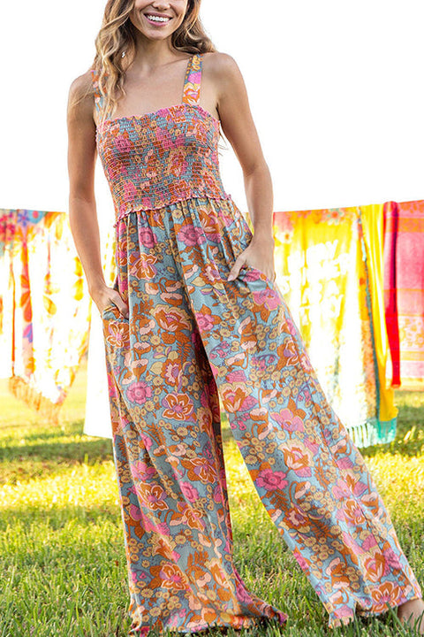 Rebadress Wide Straps Smocked Wide Leg Floral Jumpsuit