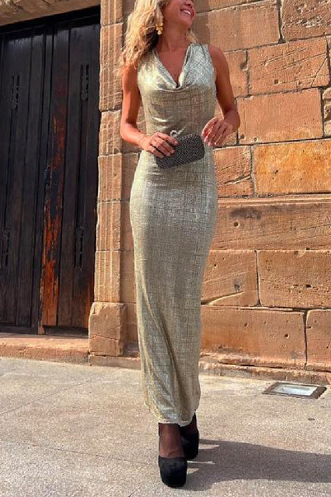 Cowl Neck Back Slit Sleeveless Metallic Maxi Bodycon Dress