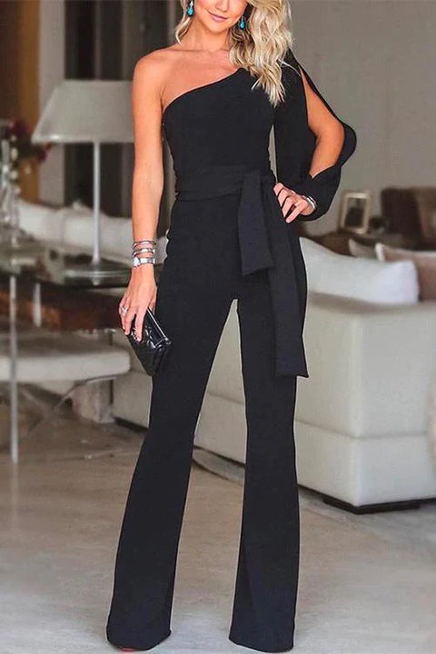 Rebadress One Shoulder Slit Sleeve Tie Knot Jumpsuit