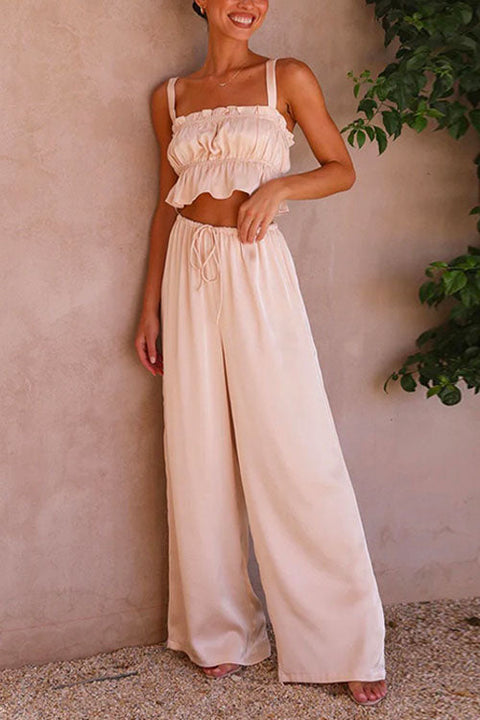 Rebadress Ruffle Cami Top Drawstring Waist Wide Leg Pants Satin Set