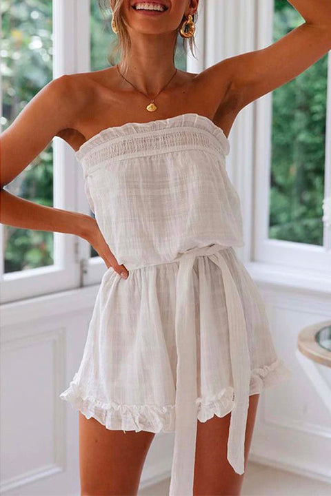 Rebadress Off Shoulder Sleeveless Tie Waist Ruffle Romper