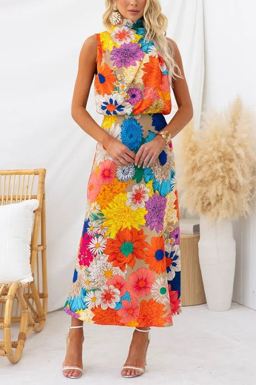 Rebadress Sleeveless Tie Neck Waisted Floral Print Maxi Dress