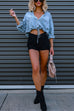 Rebadress Long Sleeves Drawstring Hem Cropped Denim Shirt