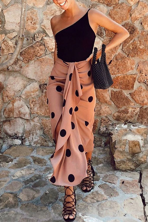 Rebadress Drape Front Slit Ruched Polka Dot Skirts