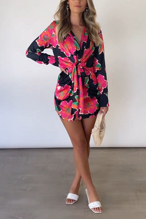 Long Sleeves Tie Knot Waisted Printed Mini Dress