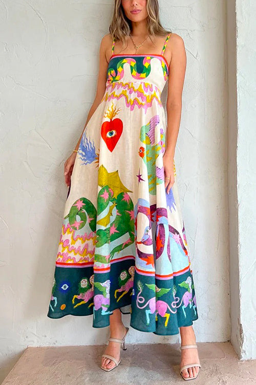 Rebadress High Waist Cartoon Printed Swing Maxi Cami Dress