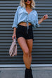 Rebadress Long Sleeves Drawstring Hem Cropped Denim Shirt