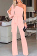 Rebadress One Shoulder Slit Sleeve Knot Waist Solid Jumpsuit(7 Colors)