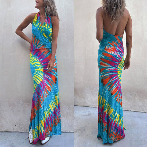 Rebadress Sleeveless Halter Backless Maxi Tie Dye Dress