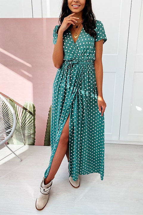 Rebadress V Neck Tie Waist Polka Dot Maxi Wrapped Dress