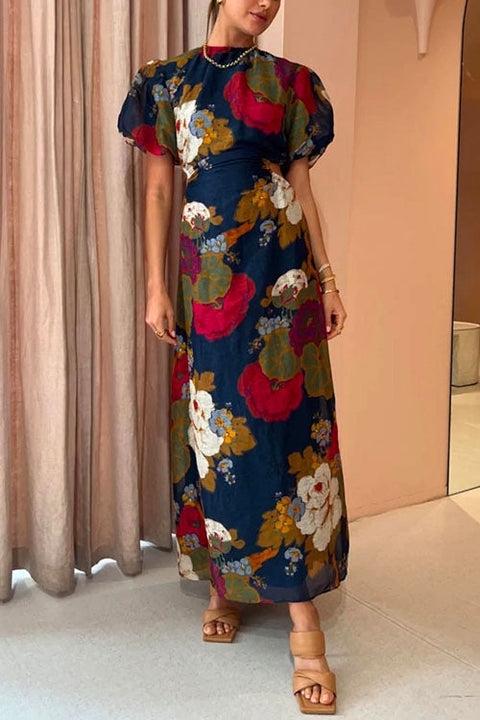 Rebadress Puff Sleeve Cut Out Waist Floral Maxi Swing Dress