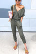 Rebadress V Neck Short Sleeve Drawstring Jumpsuit with Pockets