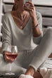 Rebadress Solid V Neck Pullover and Tie Waist Pants Loungewear Set