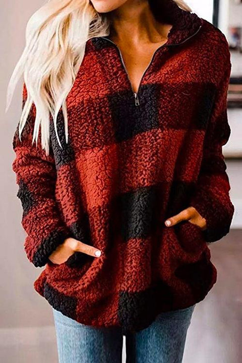 Rebadress 1/4 Zip Up Lapel Fleece Plaid Sweatshirt