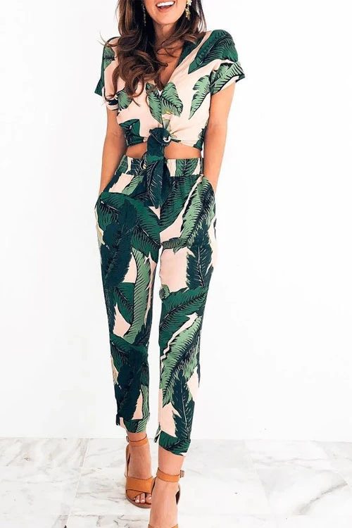 Rebadress Leaves Pattern Two-Piece Outfits