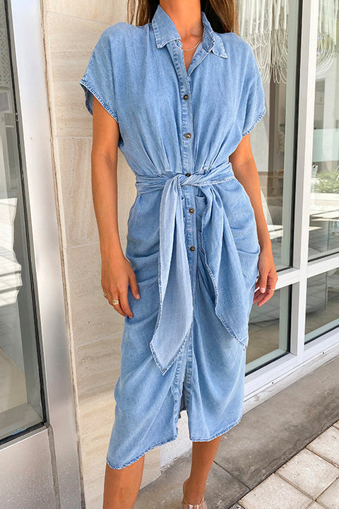 Rebadress Button Down Short Sleeve Tie Waist Ruched Denim Dress