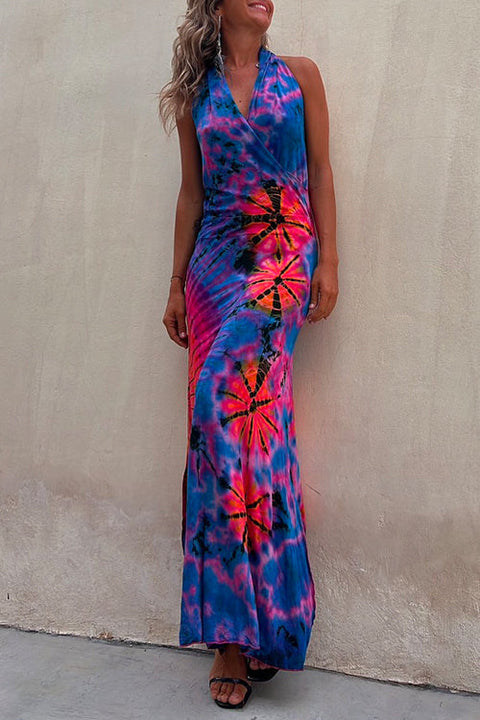 Rebadress Cross V Neck Sleeveless Tie Dye Maxi Holiday Dress