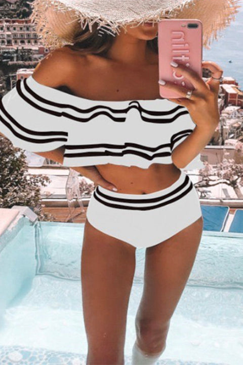 RD Off Shoulder Stripe Ruffle Bathing Suit