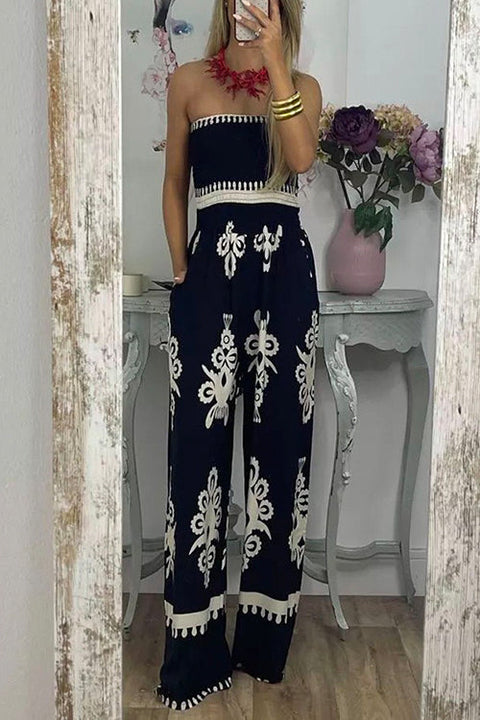 Rebadress Off Shoulder Smocked High Waist Wide Leg Printed Jumpsuit