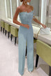 Rebadress Off Shoulder Feather Splice Belted Jumpsuit