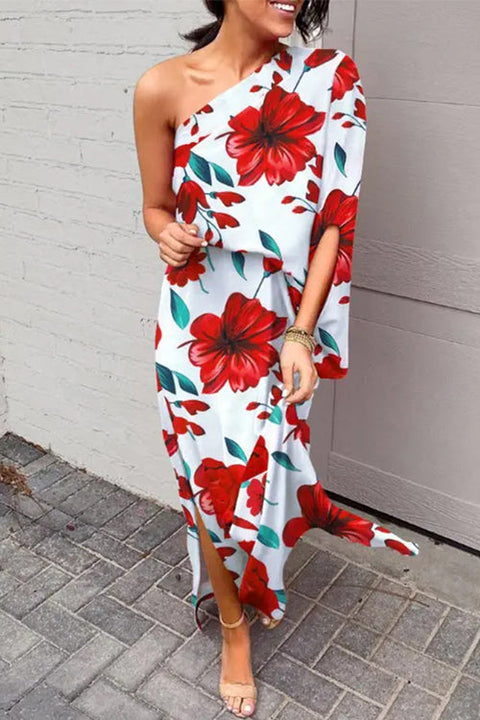 Rebadress One Shoulder Waisted Side Split Printed Dress