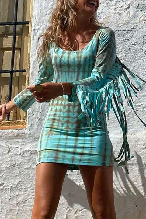 Rebadress Tassel Long Sleeve Tie Dye Bodycon Dress