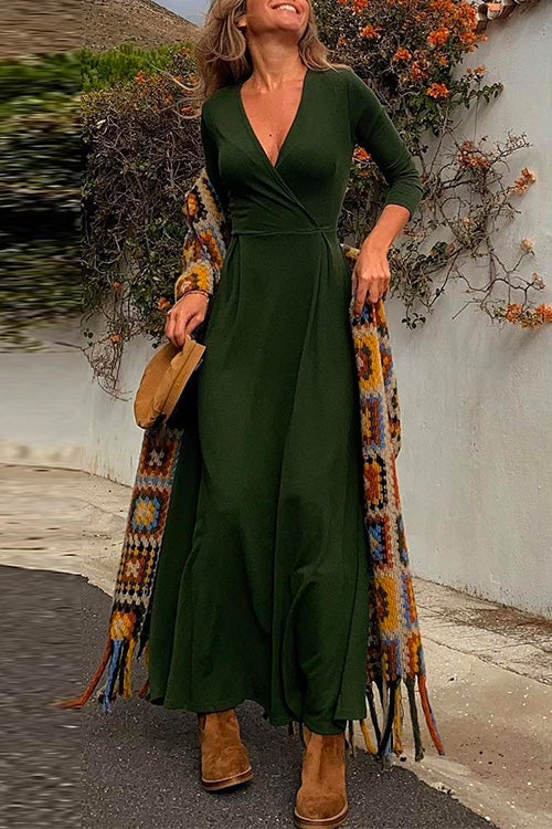 Rebadress Wrap V Neck Long Sleeve Waisted Swing Dress