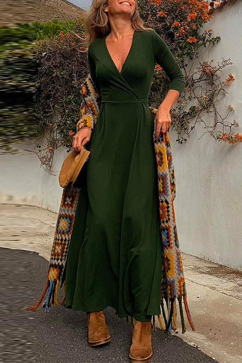 Rebadress Wrap V Neck Long Sleeve Waisted Swing Dress