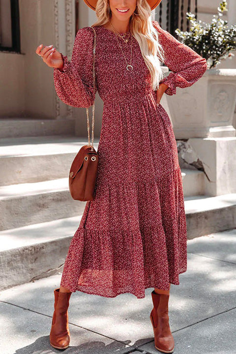 Rebadress Long Sleeve Waisted Printed Swing Dress