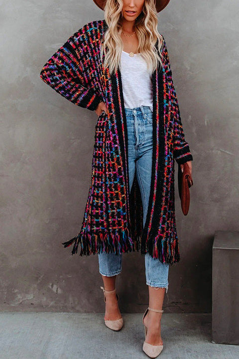 Rebadress Tassel Open Front Multi-colored Print Knit Cardigans