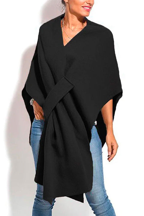 Rebadress Solid V Neck Wrapped Batwing Cloak Sweater